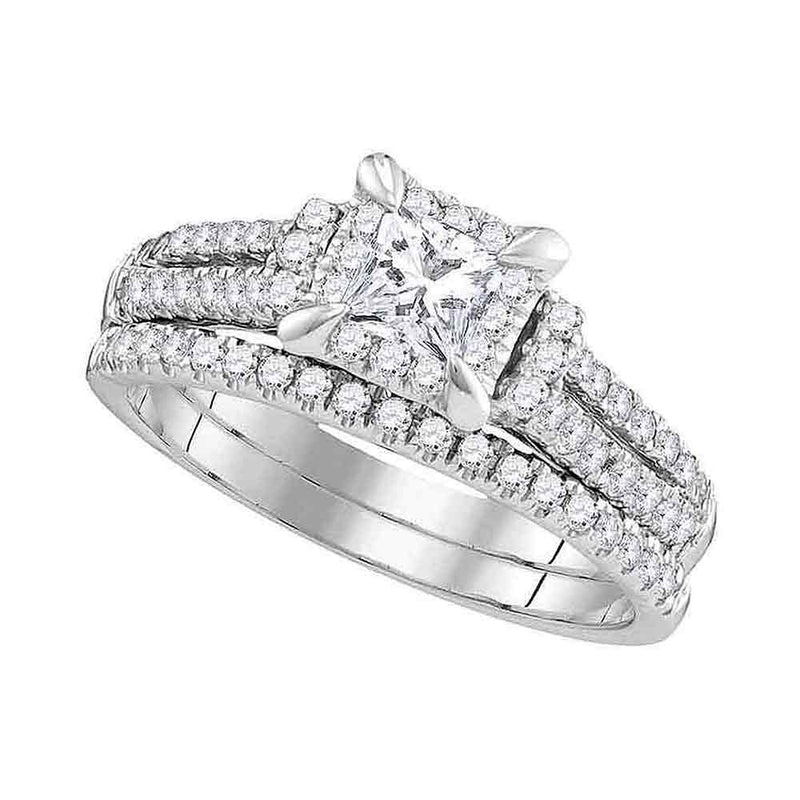 14kt White Gold Princess Diamond Halo Bridal Wedding Ring Band Set 1 Cttw