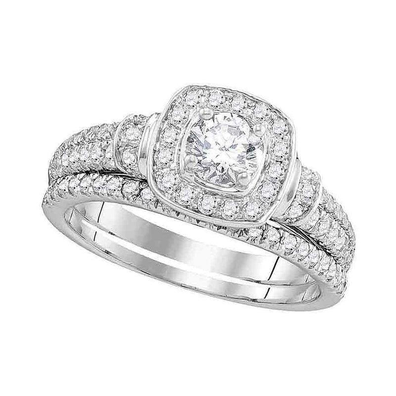 14kt White Gold Round Diamond Square Halo Bridal Wedding Ring Band Set 1 Cttw