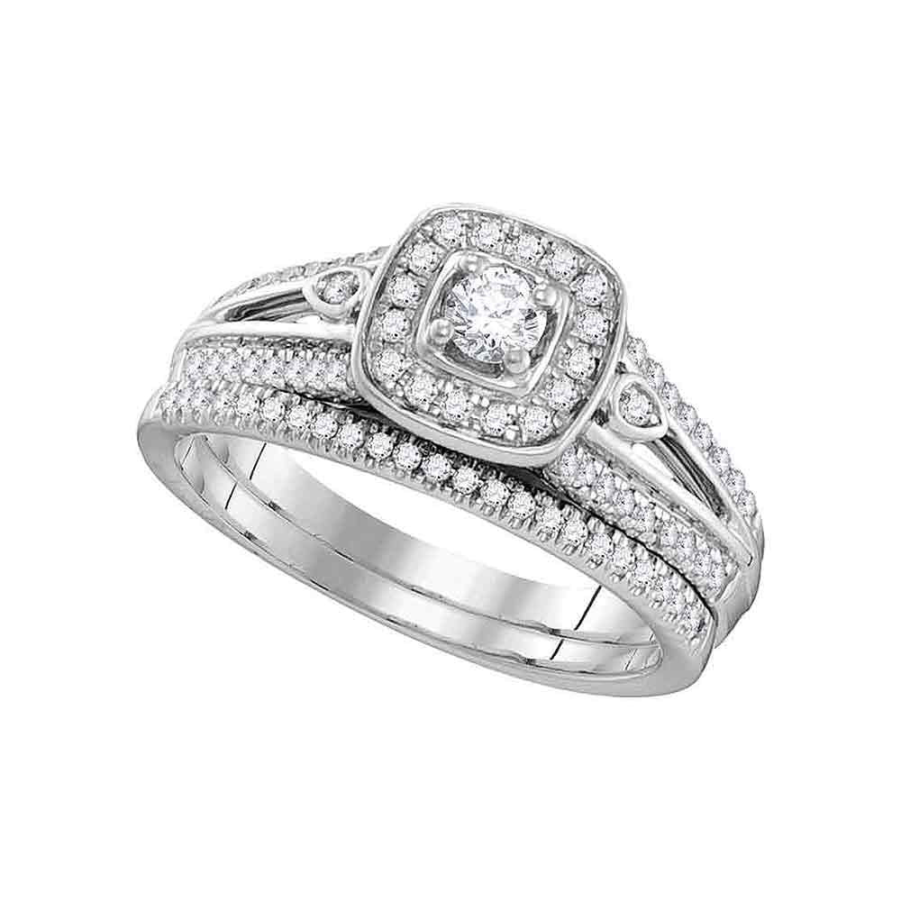 10k White Gold Round Diamond Halo Bridal Wedding Ring Band Set 1/2 Cttw