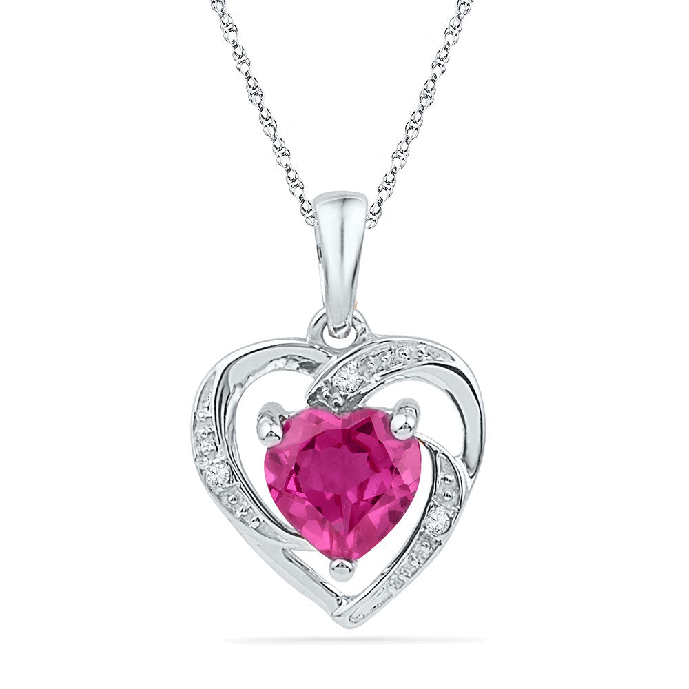 10kt White Gold Womens Round Lab-Created Pink Sapphire Heart Pendant 1 Cttw