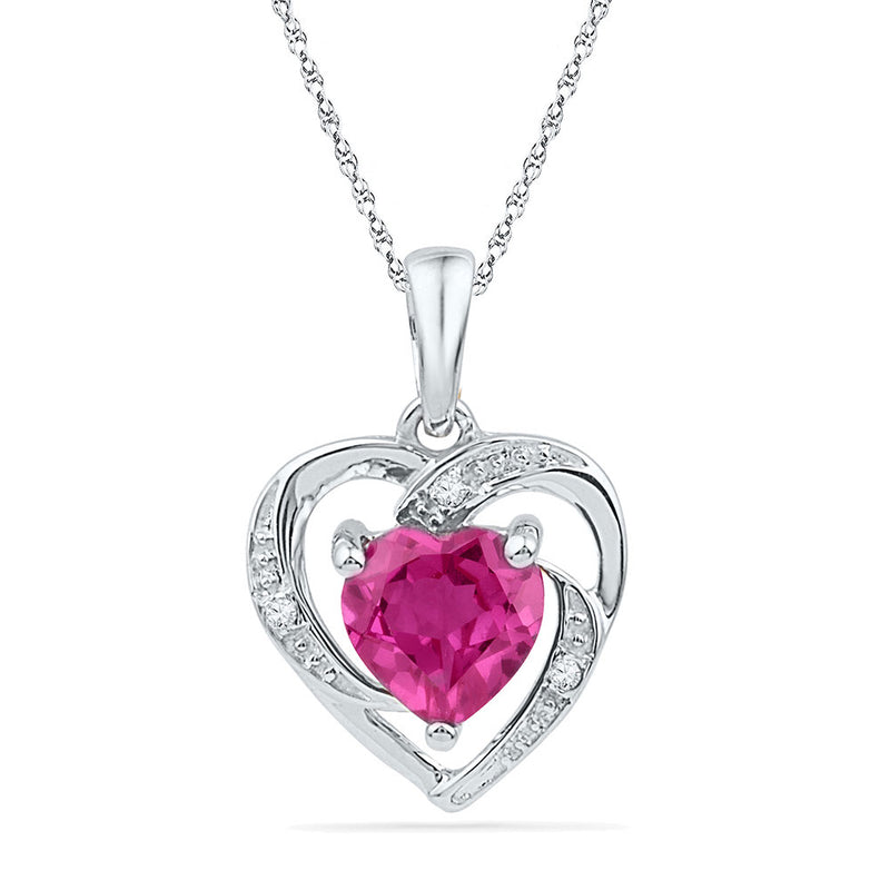 10kt White Gold Womens Round Lab-Created Pink Sapphire Heart Pendant 1 Cttw