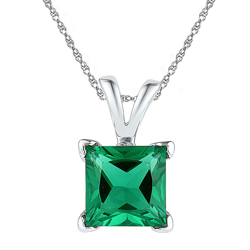 Sterling Silver Womens Princess Lab-Created Emerald Solitaire Pendant 1-1/3 Cttw