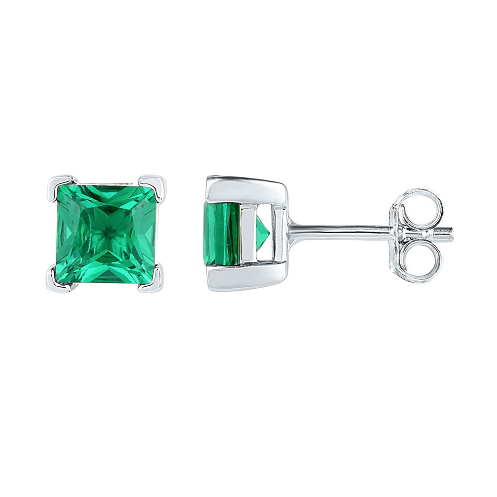 Sterling Silver Womens Princess Lab-Created Emerald Solitaire Stud Earrings 2 Cttw