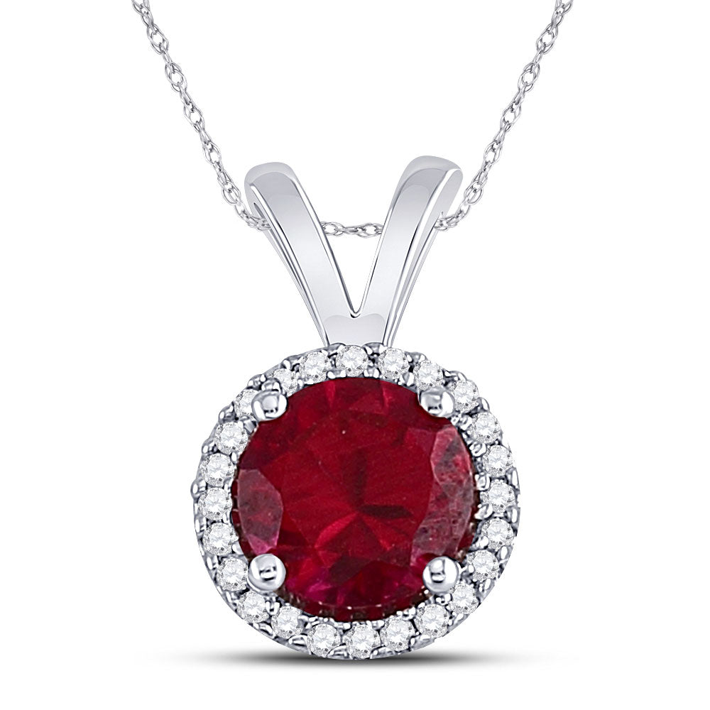 Sterling Silver Womens Round Lab-Created Ruby Solitaire Diamond-accent Pendant 1 Cttw