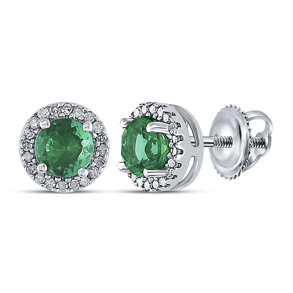 Sterling Silver Womens Round Lab-Created Emerald Solitaire Stud Earrings 1 Cttw