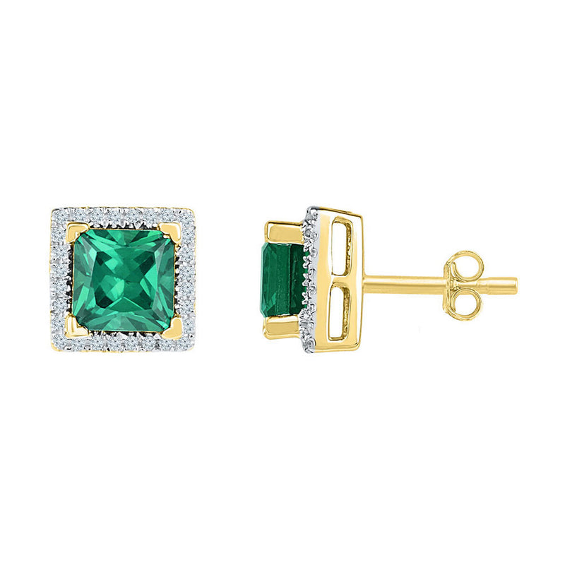 10kt Yellow Gold Womens Princess Lab-Created Emerald Solitaire Earrings 1-3/4 Cttw