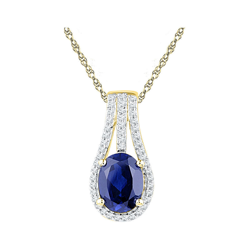 10kt Yellow Gold Womens Oval Lab-Created Blue Sapphire Solitaire Pendant 1-3/4 Cttw