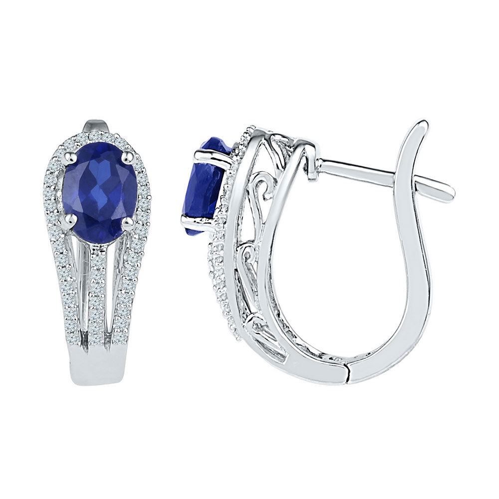 Sterling Silver Womens Oval Lab-Created Blue Sapphire Diamond Hoop Earrings 2-5/8 Cttw