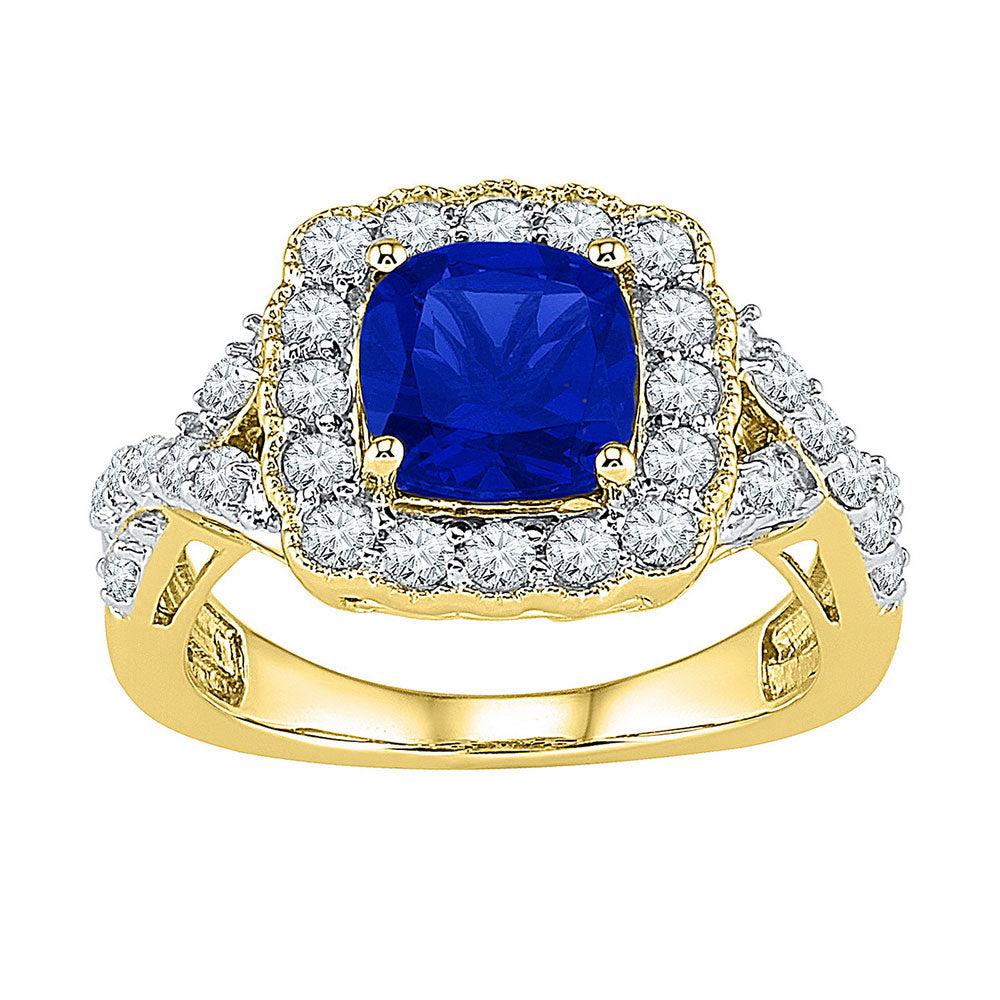 10kt Yellow Gold Womens Princess Lab-Created Blue Sapphire Solitaire Ring 3-3/4 Cttw