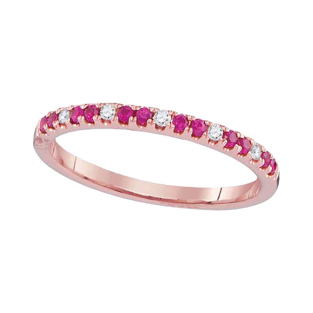 14kt Rose Gold Womens Round Lab-Created Pink Sapphire Diamond Alternating Band 1/5 Cttw