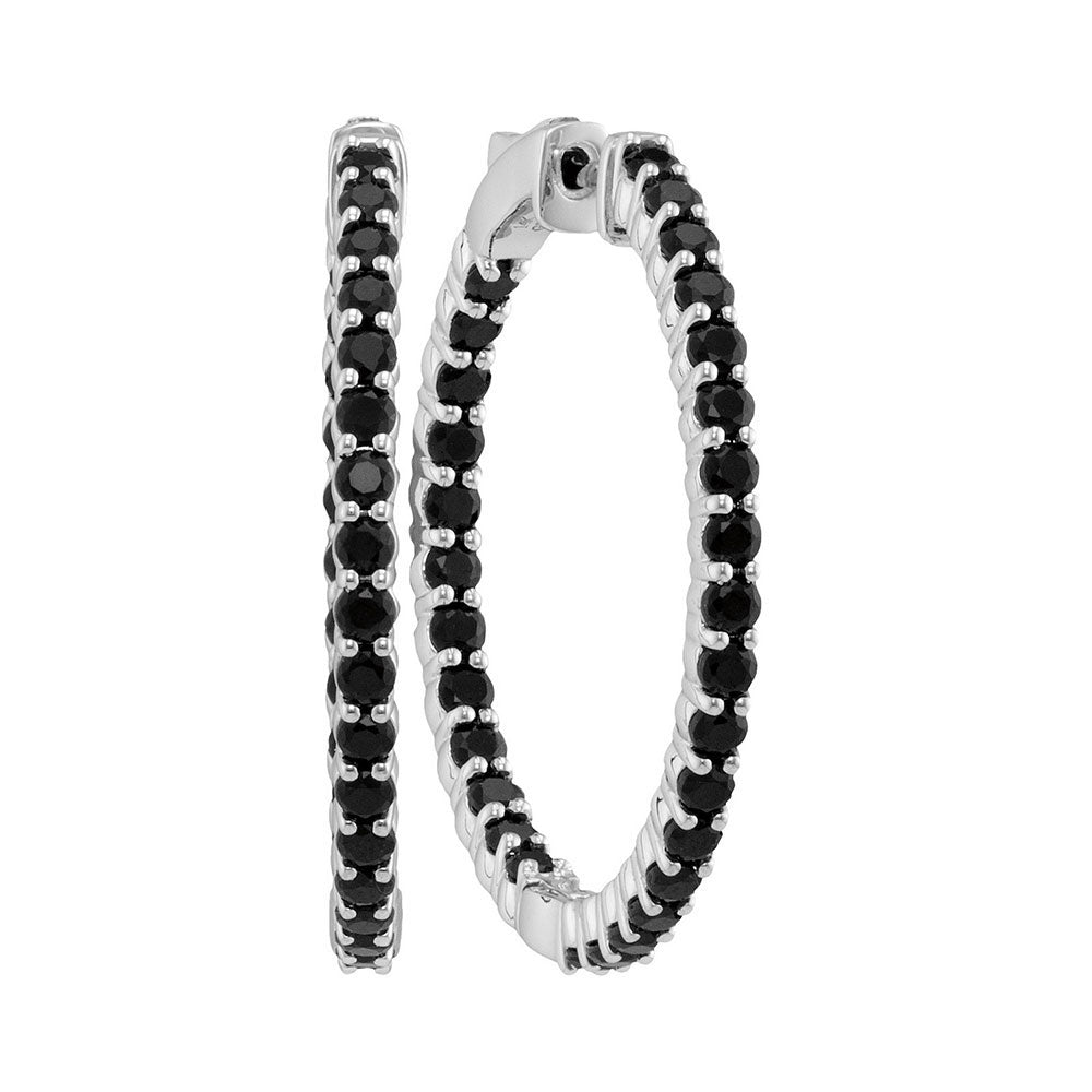 14kt White Gold Womens Round Pave-set Black Sapphire Inside Outside Hoop Earrings 3-3/4 Cttw