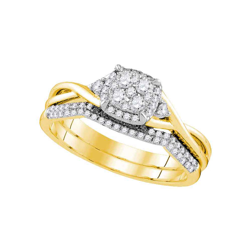 14k Yellow Gold Round Diamond Cluster Bridal Wedding Ring Band Set 3/8 Cttw