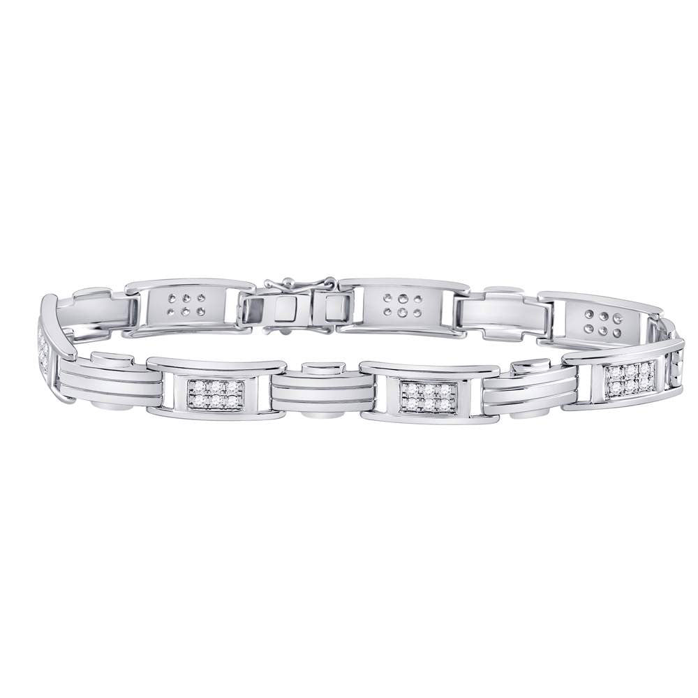 10kt White Gold Mens Round Diamond Rectangle Link Fashion Bracelet 1 Cttw