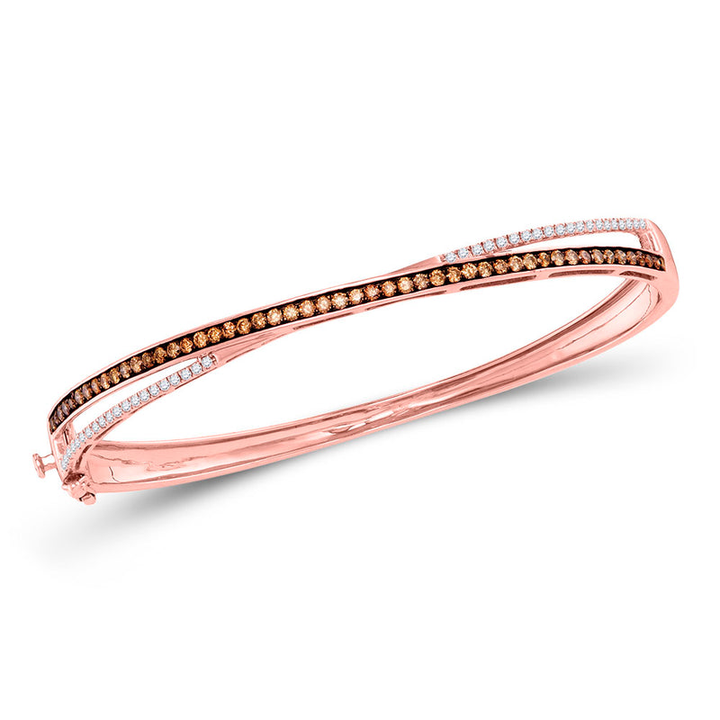 14kt Rose Gold Womens Round Brown Diamond Crossover Bangle Bracelet 1 Cttw