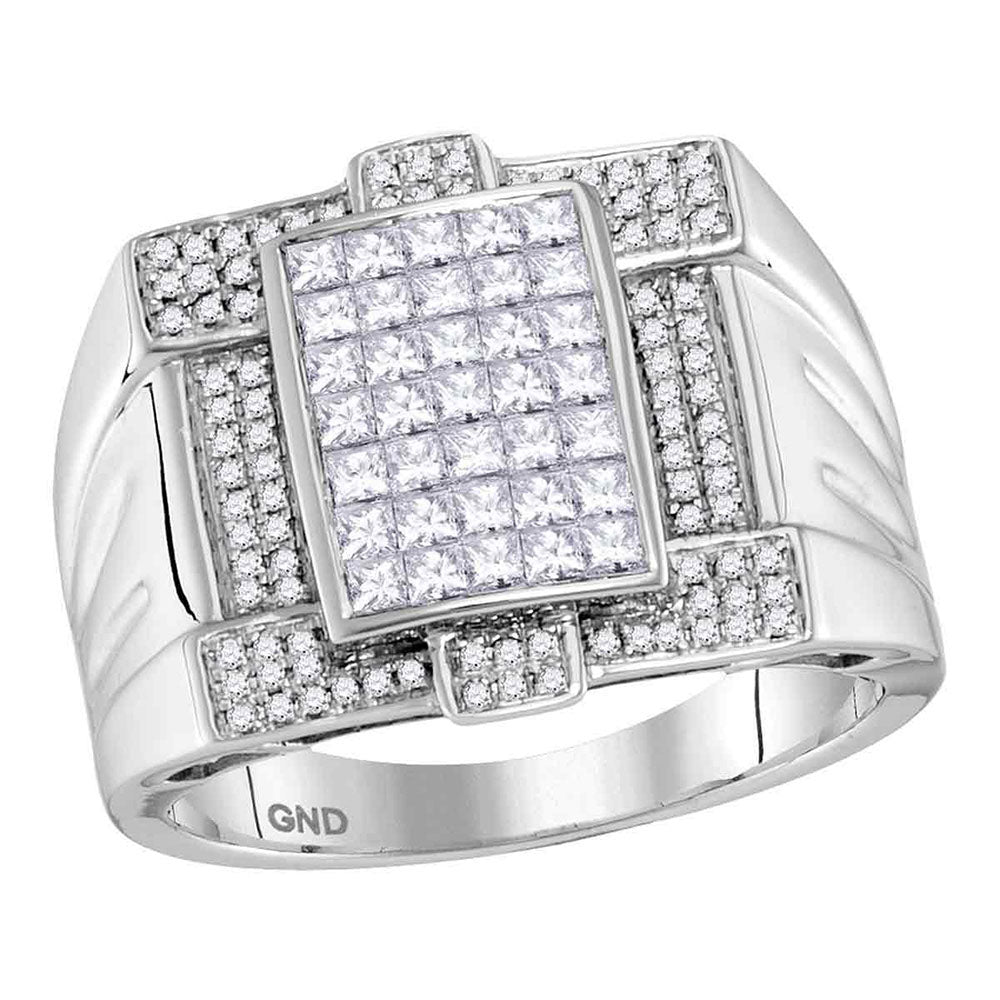 14kt White Gold Mens Princess Diamond Square Cluster Ring 1-3/8 Cttw