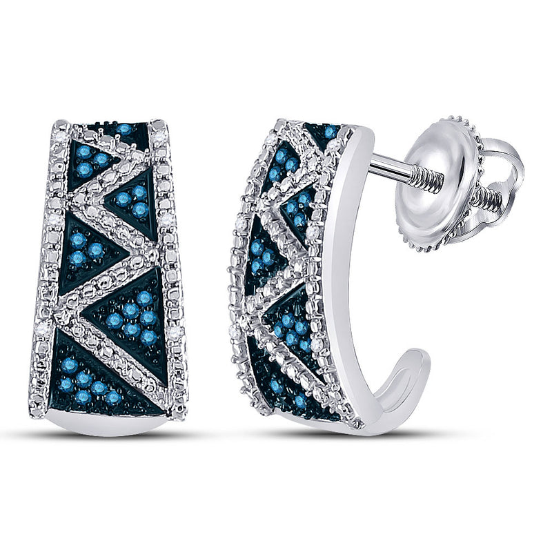 10kt White Gold Womens Round Blue Color Enhanced Diamond Half J Hoop Earrings 1/10 Cttw