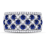 18kt White Gold Womens Round Blue Sapphire Diamond Checkered Band Ring 2 Cttw