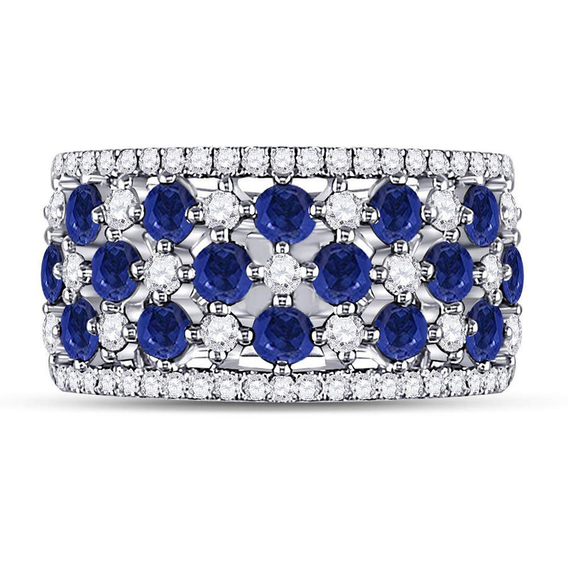 18kt White Gold Womens Round Blue Sapphire Diamond Checkered Band Ring 2 Cttw