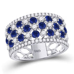 18kt White Gold Womens Round Blue Sapphire Diamond Checkered Band Ring 2 Cttw