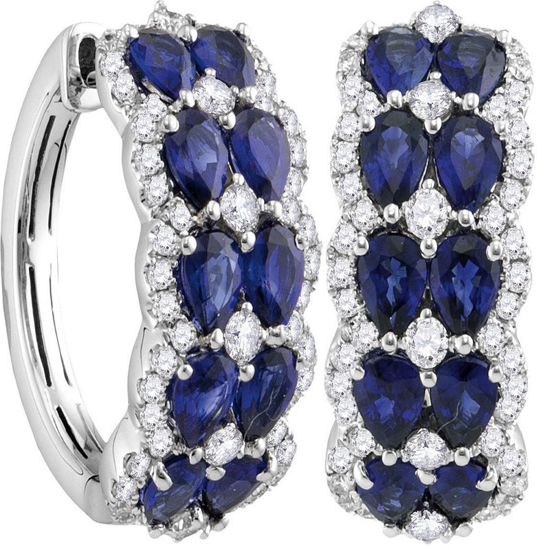 18kt White Gold Womens Oval Blue Sapphire Diamond Double Row Hoop Earrings 4-5/8 Cttw