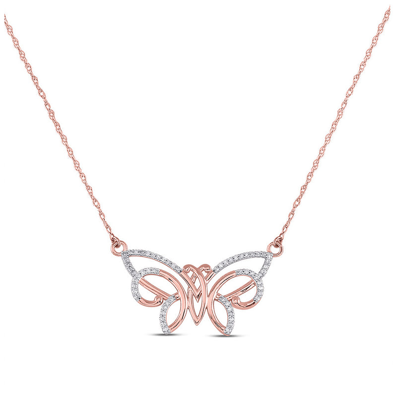 10kt Rose Gold Womens Round Diamond Butterfly Bug Pendant Necklace 1/5 Cttw