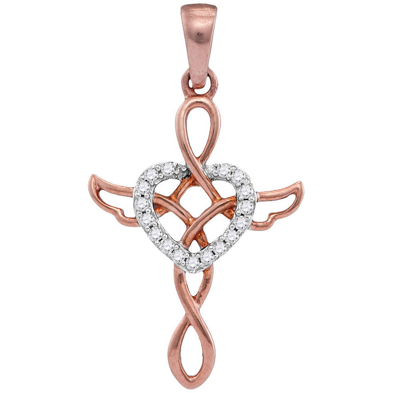 10kt Rose Gold Womens Round Diamond Heart Cross Religious Pendant 1/20 Cttw