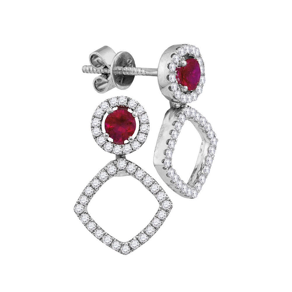 18kt White Gold Womens Round Ruby Diamond Fashion Earrings 7/8 Cttw