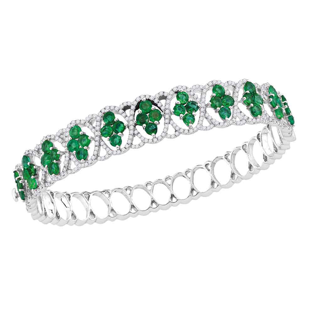 18kt White Gold Womens Round Emerald Diamond Bangle Bracelet 1-3/8 Cttw