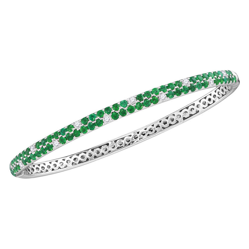 18kt White Gold Womens Round Emerald Diamond Double Row Bangle Bracelet 2-7/8 Cttw