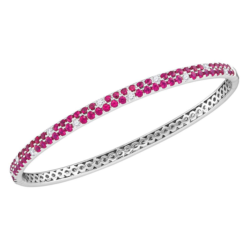 18kt White Gold Womens Round Ruby Diamond Double Row Bangle Bracelet 3-1/3 Cttw