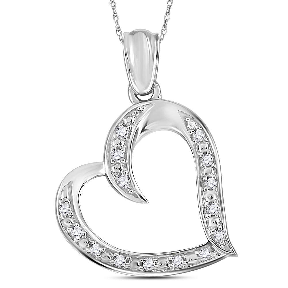 Sterling Silver Womens Round Diamond Heart Pendant 1/10 Cttw