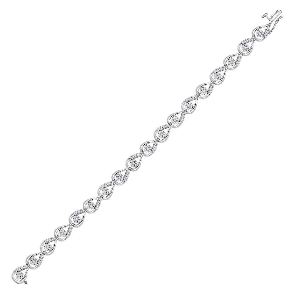 10kt White Gold Womens Round Diamond Teardrop Cluster Fashion Bracelet 1-1/5 Cttw