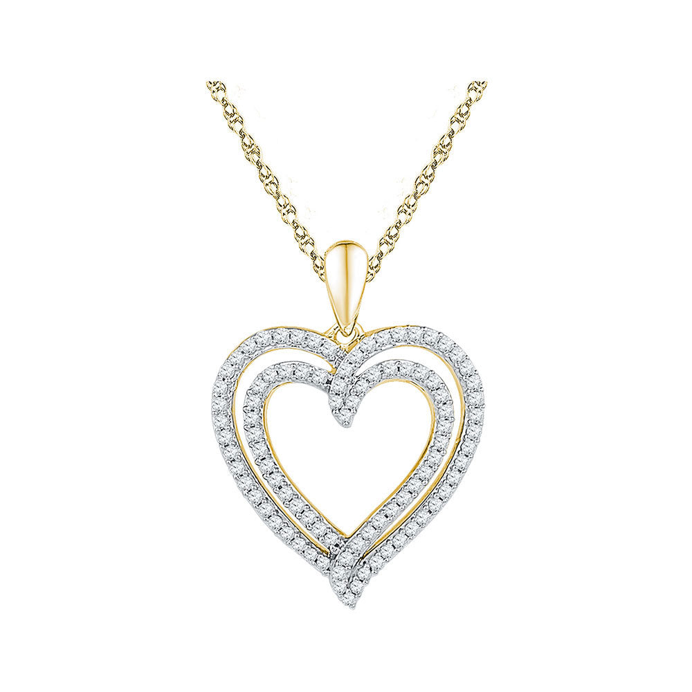 10kt Yellow Gold Womens Round Diamond Double Frame Heart Pendant 1/2 Cttw