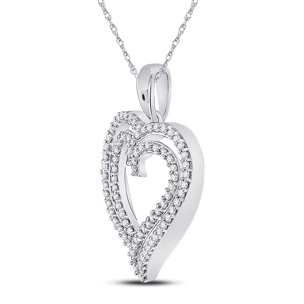 10kt White Gold Womens Round Diamond Double Frame Heart Pendant 1/2 Cttw