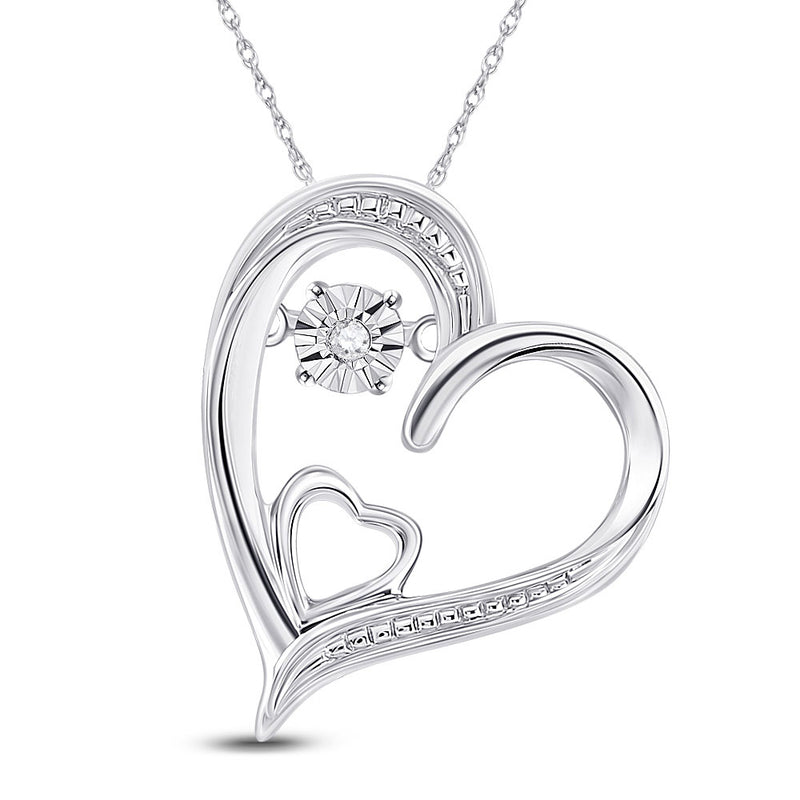 Sterling Silver Womens Round Diamond Double Heart Moving Twinkle Pendant .01 Cttw