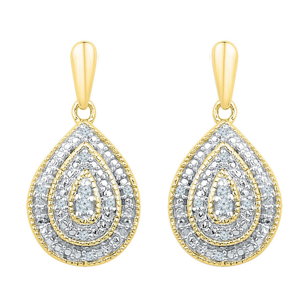 10kt Yellow Gold Womens Round Diamond Milgrain Teardrop Dangle Earrings 1/10 Cttw