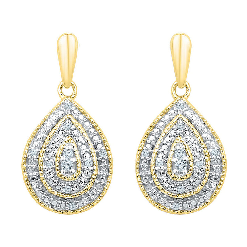 10kt Yellow Gold Womens Round Diamond Milgrain Teardrop Dangle Earrings 1/10 Cttw