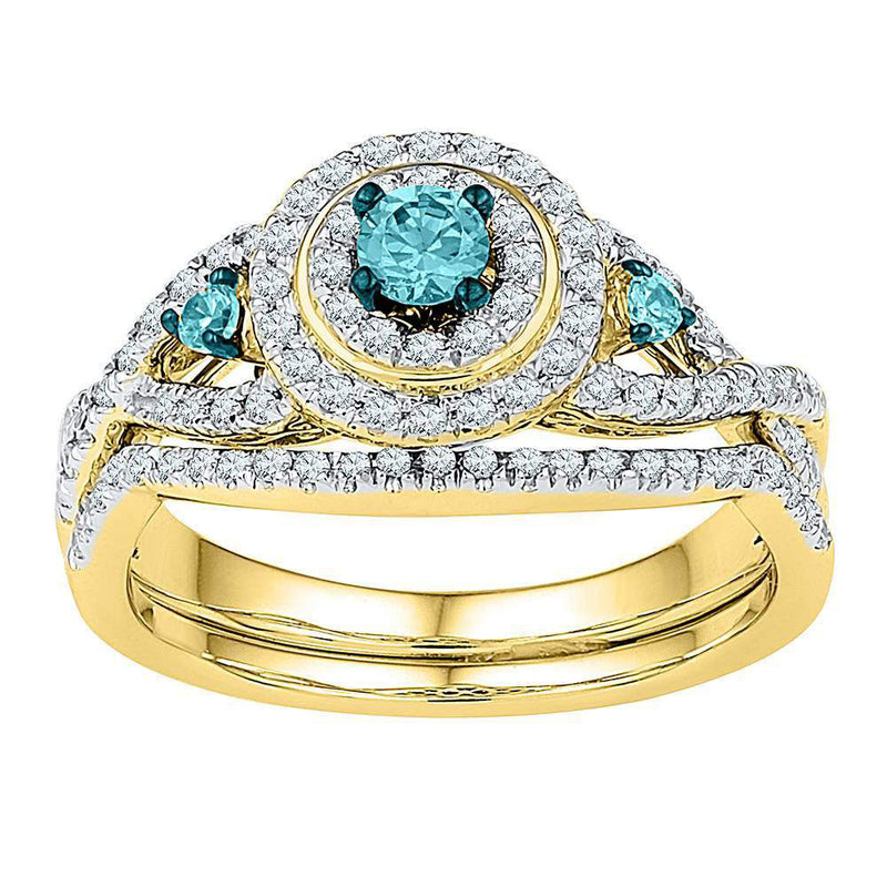 10kt Yellow Gold Womens Round Blue Color Enhanced Diamond Bridal Wedding Ring Set 5/8 Cttw