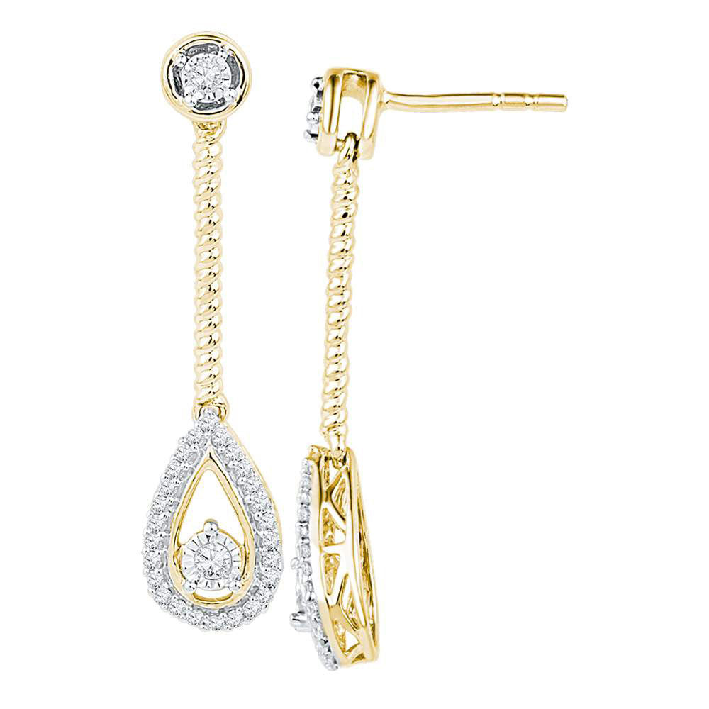 10kt Yellow Gold Womens Round Diamond Teardrop Dangle Earrings 1/4 Cttw