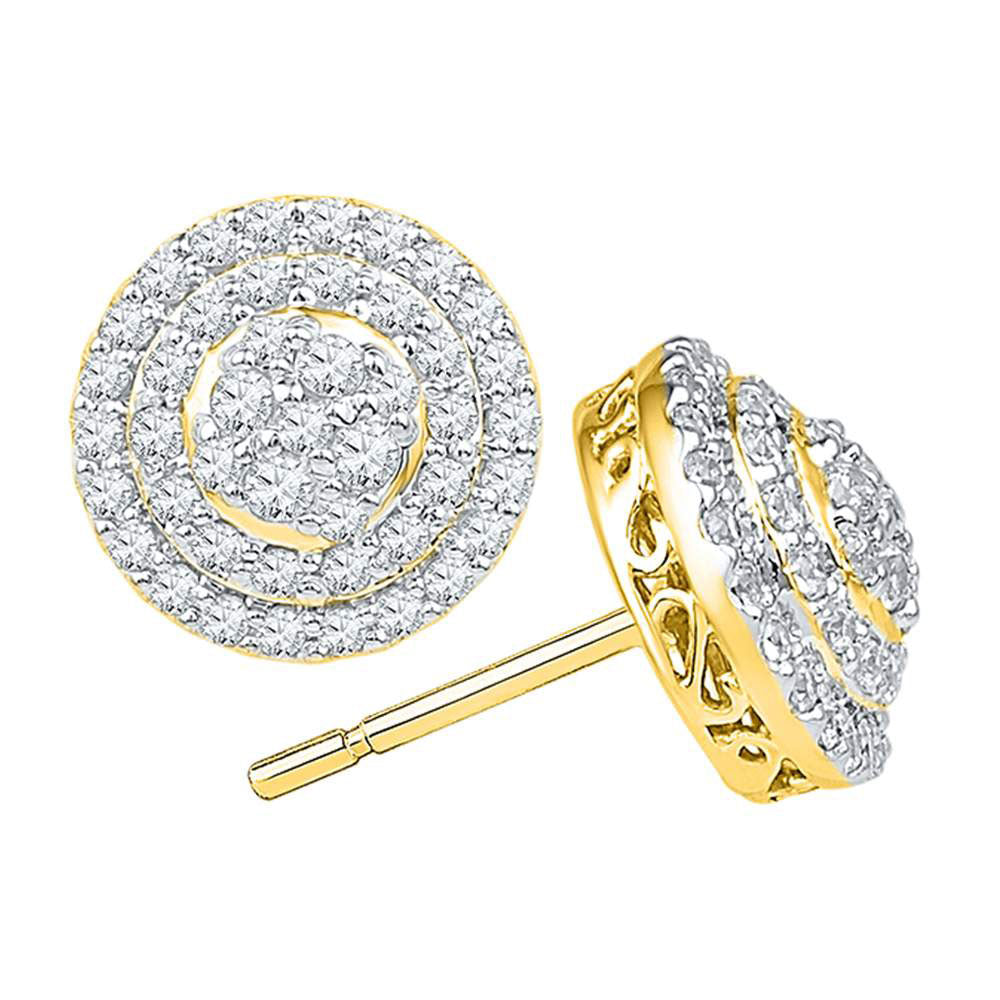 10kt Yellow Gold Womens Round Diamond Concentric Circle Layered Cluster Earrings 3/4 Cttw