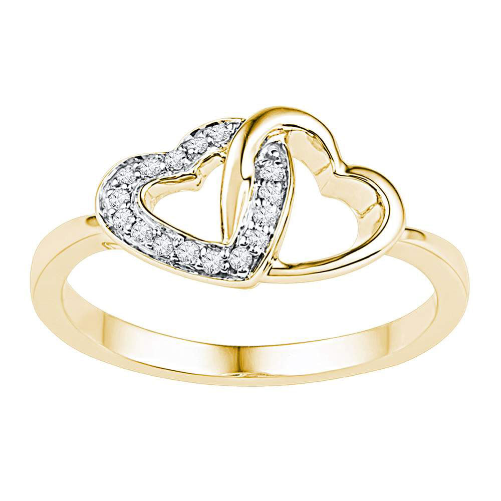 10kt Yellow Gold Womens Round Diamond Double Locked Heart Ring 1/12 Cttw