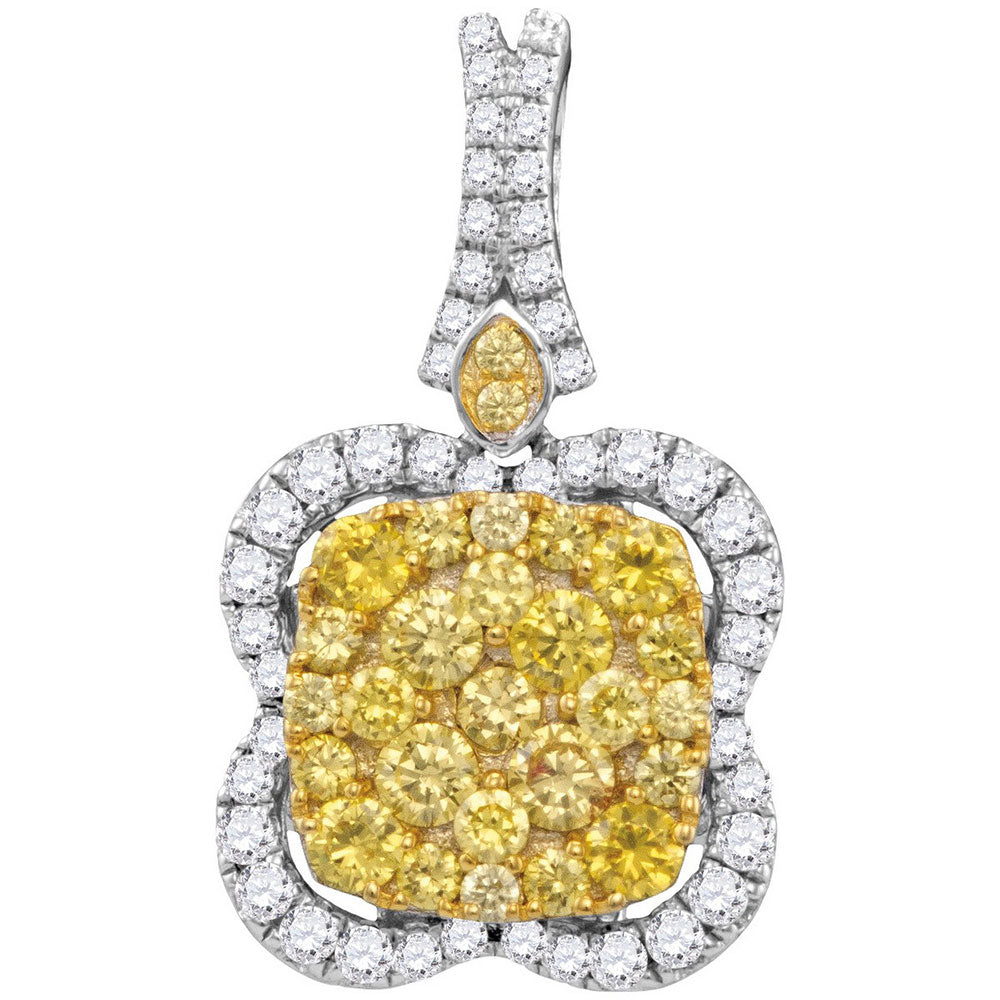 14kt White Gold Womens Round Yellow Diamond Quatrefoil Frame Cluster Pendant 1-5/8 Cttw