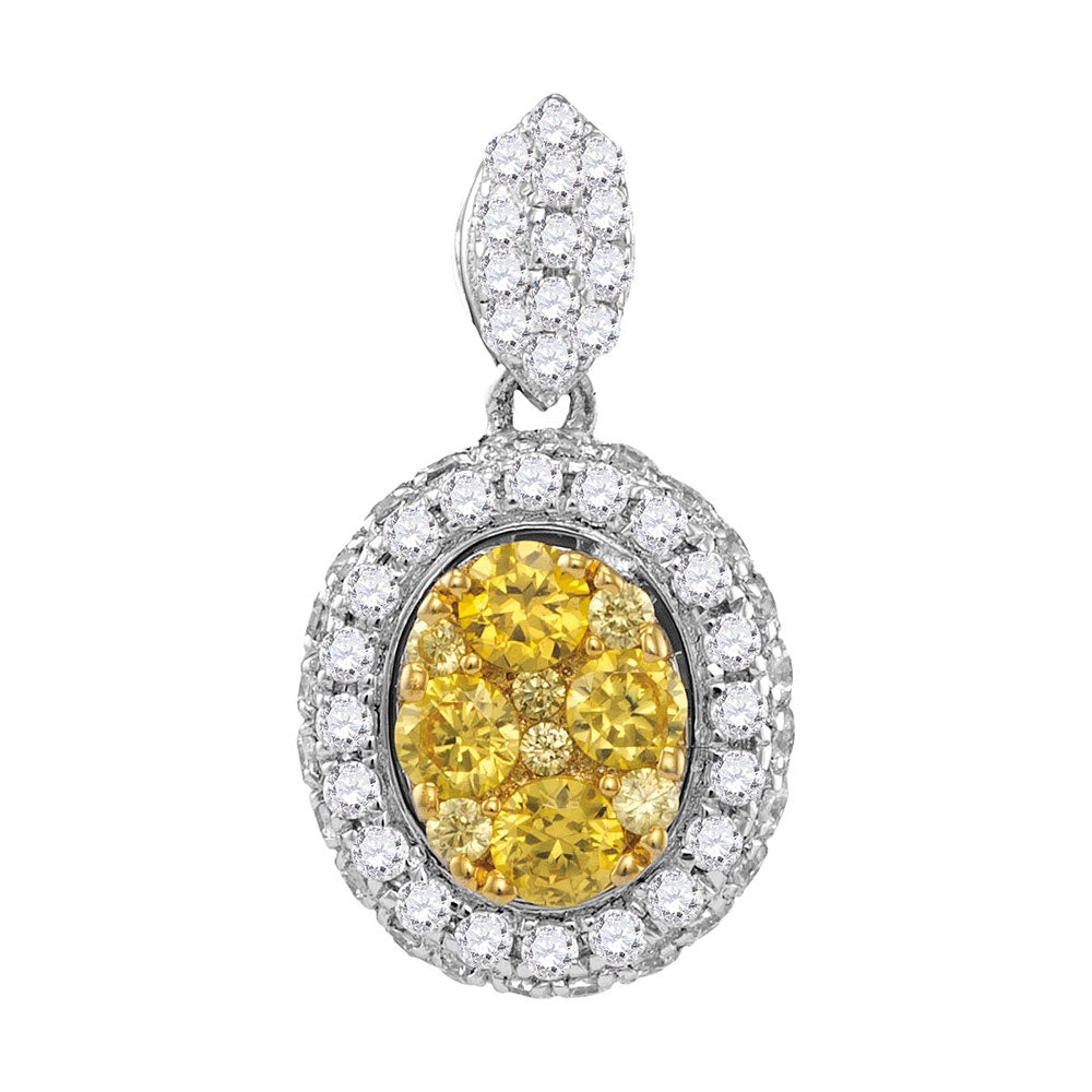 14kt White Gold Womens Round Canary Yellow Diamond Oval Cluster Pendant 1 Cttw