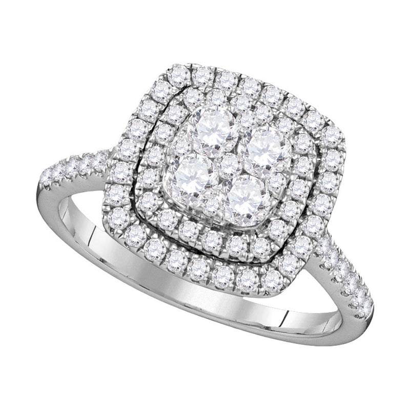 14kt White Gold Womens Round Diamond Square Double Halo Cluster Ring 1 Cttw