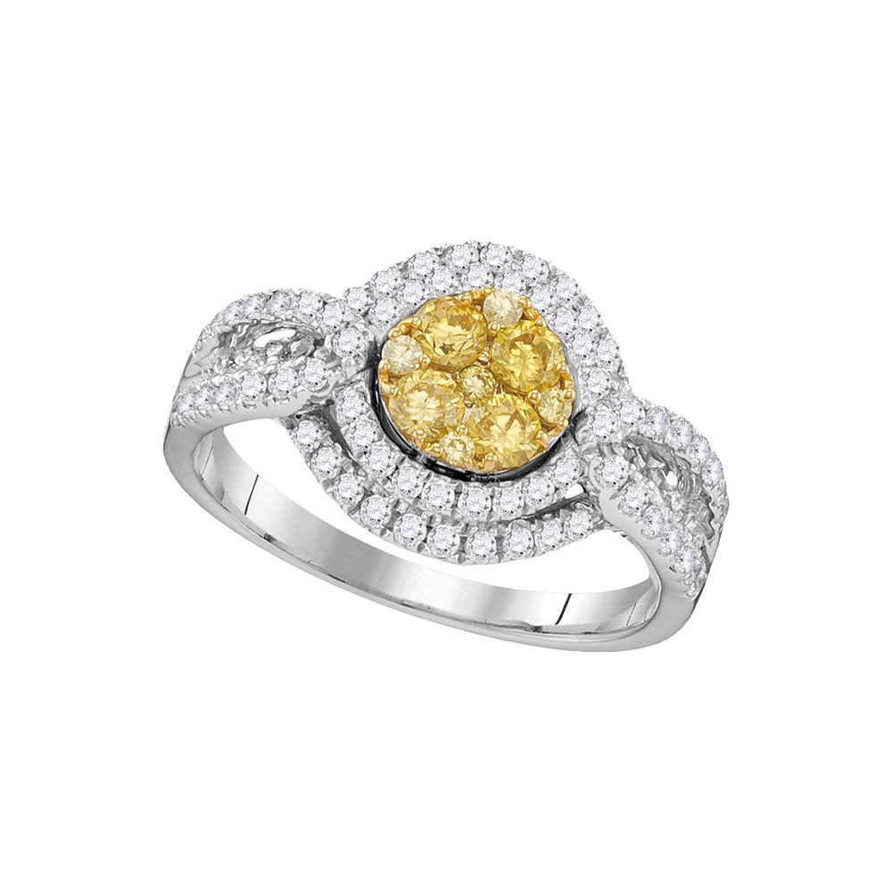 14kt White Gold Round Yellow Diamond Cluster Bridal Wedding Engagement Ring 1 Cttw