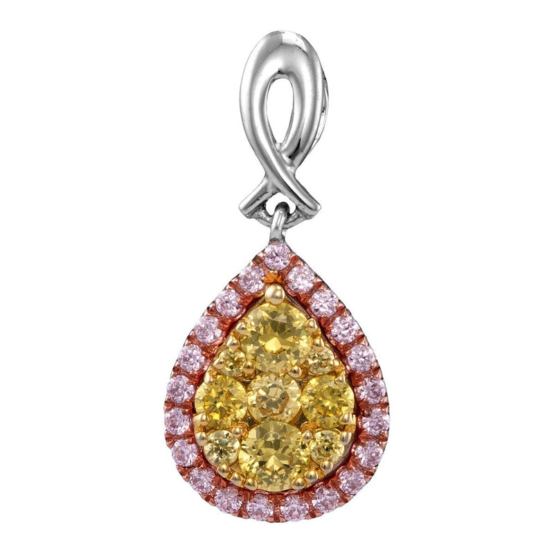 14kt White Gold Womens Round Yellow Pink Diamond Teardrop Cluster Pendant 5/8 Cttw