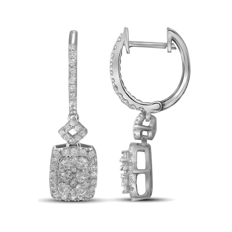 14kt White Gold Womens Round Diamond Rectangle Dangle Earrings 7/8 Cttw