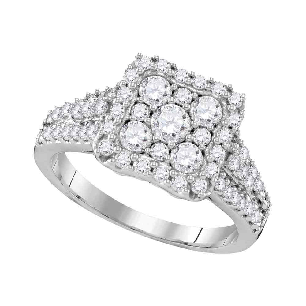 10kt White Gold Round Diamond Square Cluster Halo Bridal Wedding Engagement Ring 1-1/5 Cttw