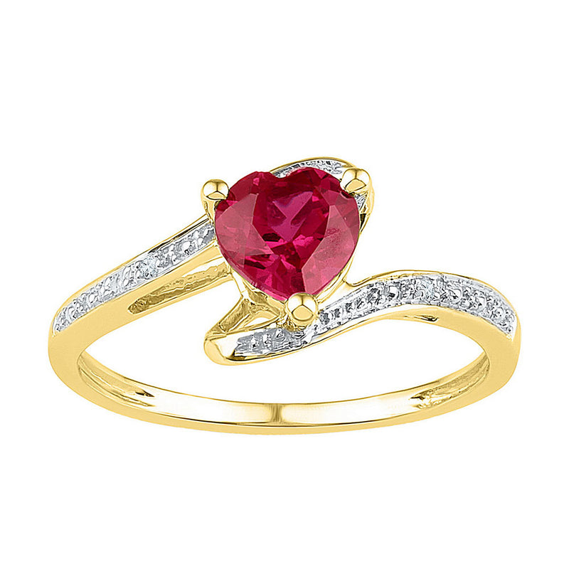 10kt Yellow Gold Womens Heart Lab-Created Ruby Solitaire Diamond-accent Ring 1 Cttw - Size 5