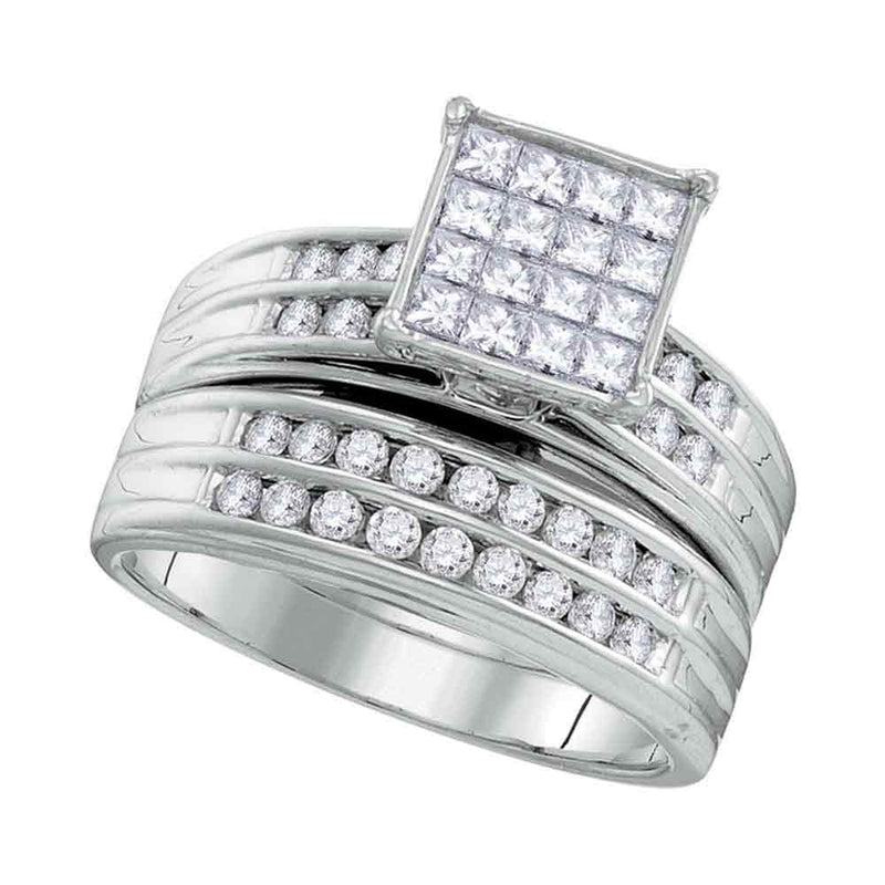 14kt White Gold His Hers Princess Diamond Square Matching Wedding Set 1-1/2 Cttw